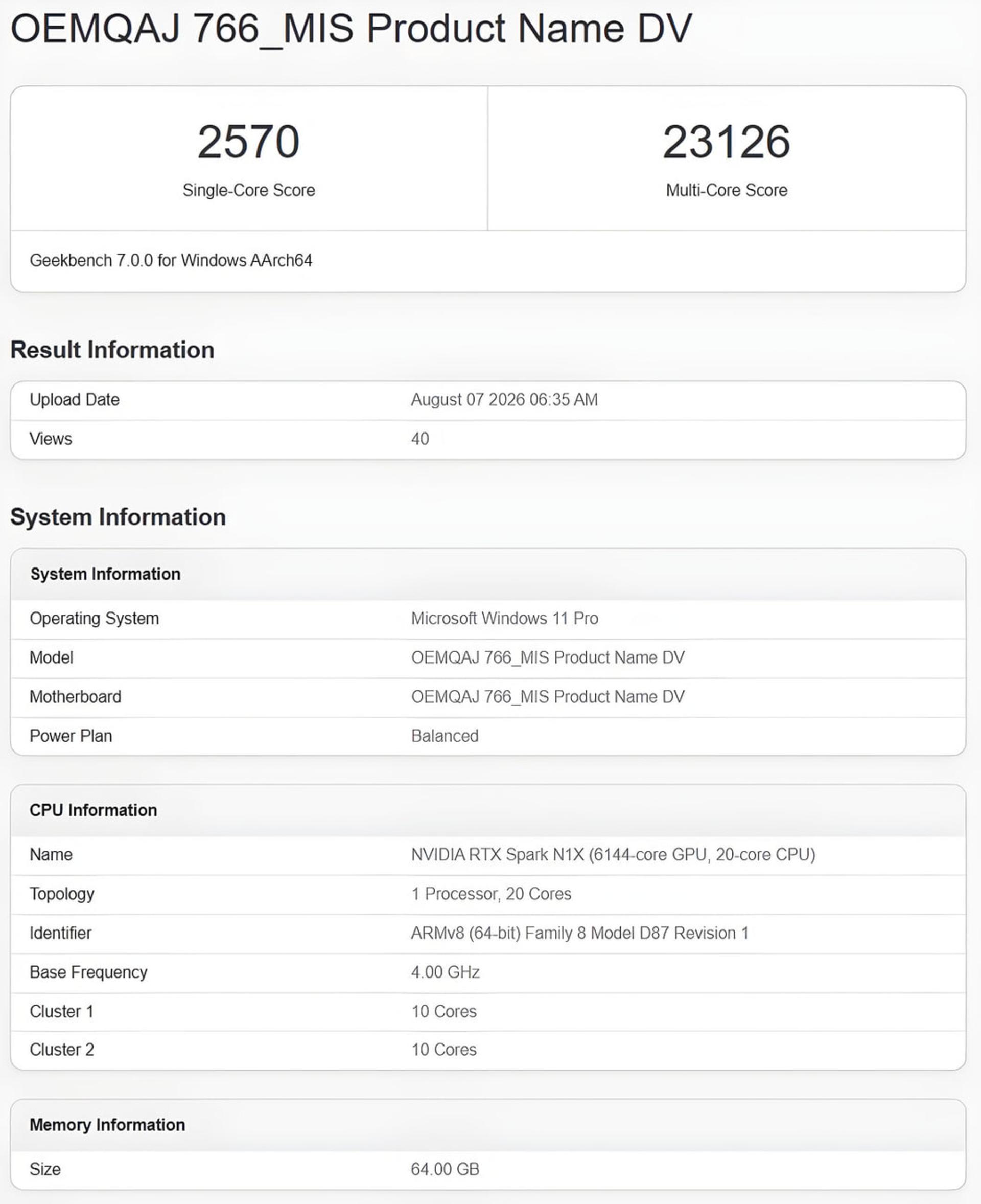 نتایج بنچمارک گیکبنچ برای پردازنده انویدیا RTX Spark N1X