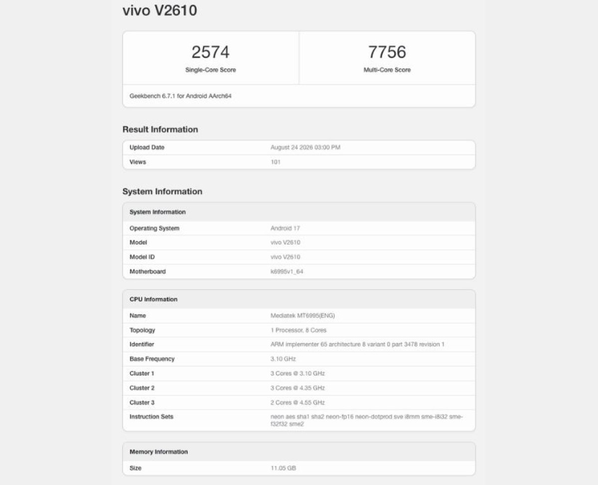 نتایج بنچمارک گیک‌بنچ vivo X500 Pro Max