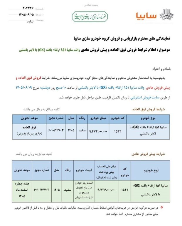 مشخصات و امکانات سایپا 151 ارتقایافته GX