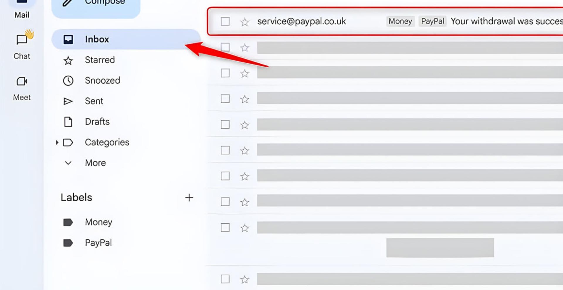نمایش اینباکس جیمیل با برچسب‌های خودکار Money و PayPal