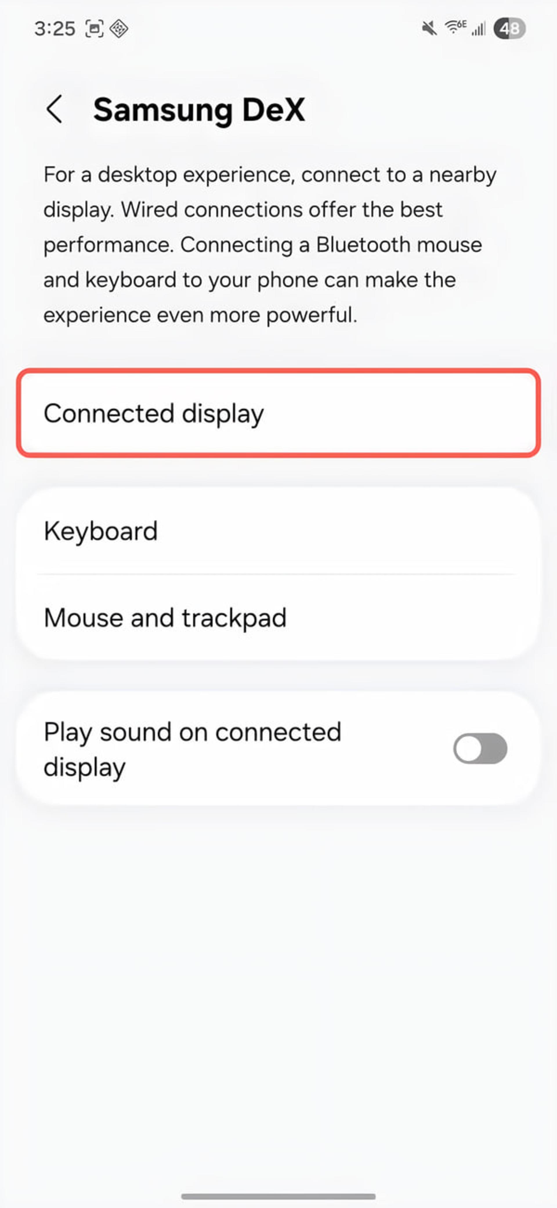 منوی تنظیمات Samsung DeX برای تغییر حالت نمایش به آینهای