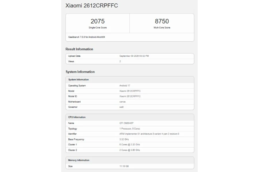 Xiaomi Pad 9 Pro Geekbench