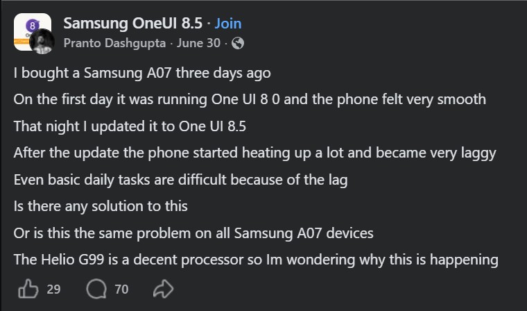 اختلال لمس صفحه گلکسی A07 پس از آپدیت One UI 8.5