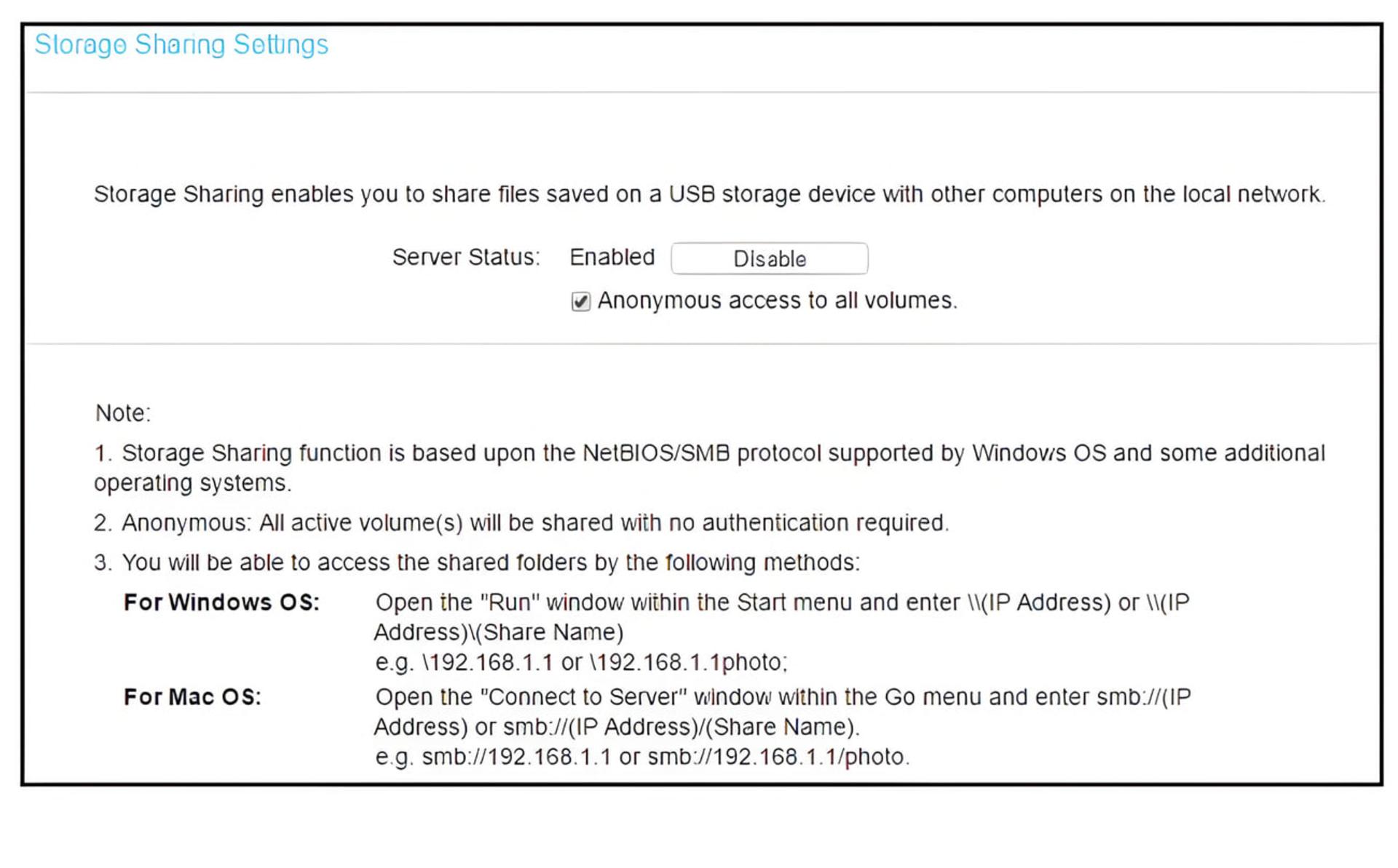 پنل تنظیمات Storage Sharing برای اشتراک فایل از طریق USB مودم